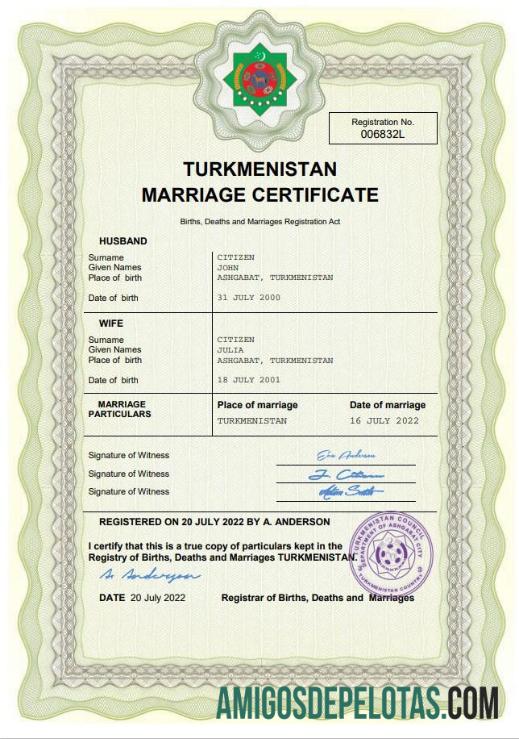 Realista modelo Word e PDF de certidão de casamento do Turcomenistão